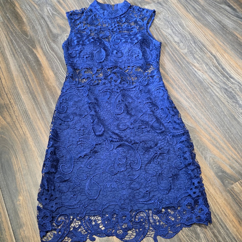 B. Darlin Womens Royal Blue Floral Lace Mock‎ Neck Sheath Dress 9/10 11XGH627H